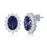 Sterling Silver Oval Tanzanite CZ with Clear CZ Border Stud Earrings